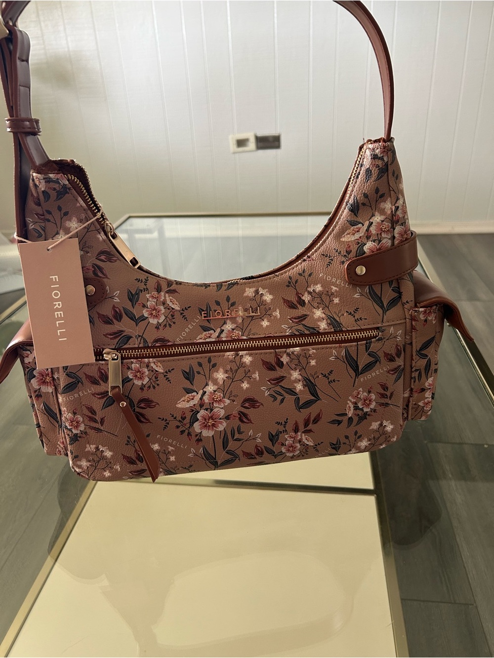 Pink Floral Shoulder Bag with Zip Front Pocket